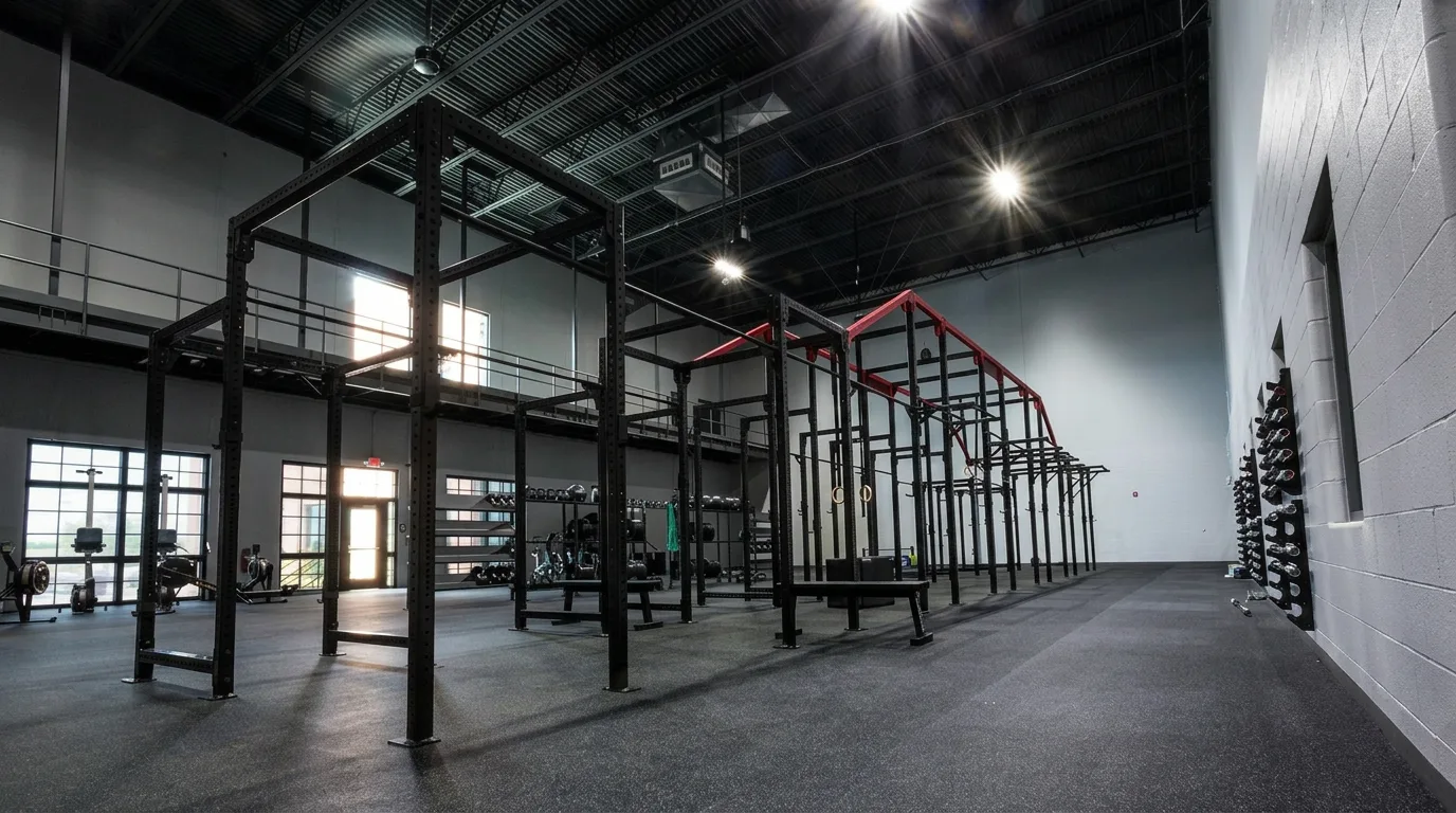 Commercial functional training rig and rack system in an open training hall